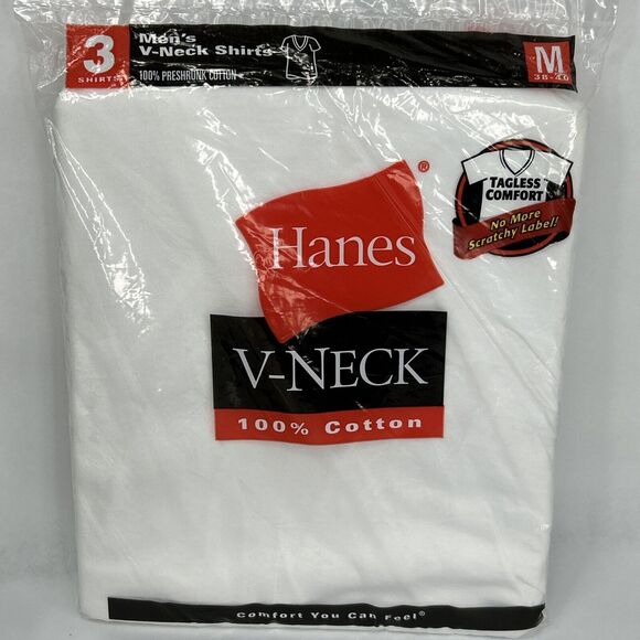 Hanes V-Neck T-Shirt White Medium Tagless Comfort Preshrunk 3 Pack Cotton NOS - Picture 1 of 6
